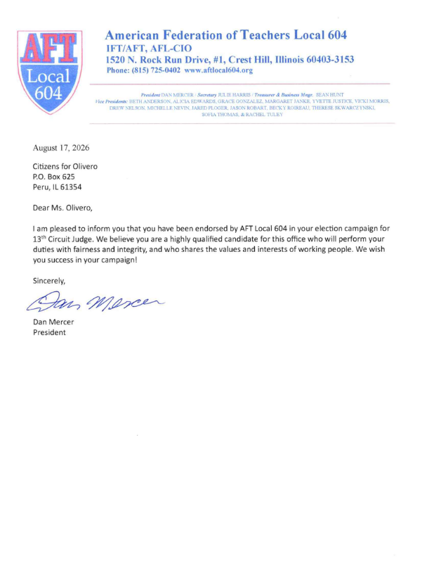 American Federation of Teachers Local 604 Endorsement letter